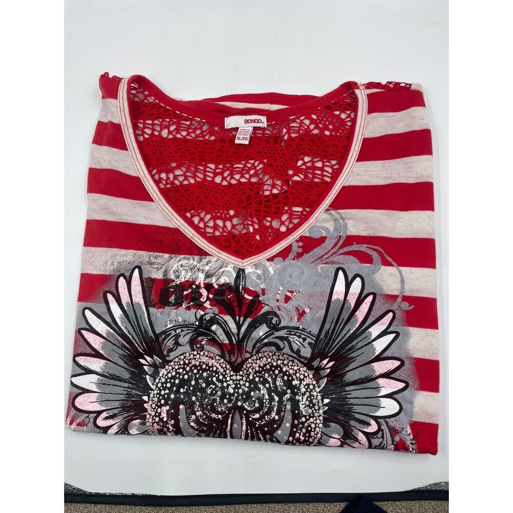 Bongo XL Y2K Grunge Red & White Horizontal Striped Angel Wing Graphic T-Shirt